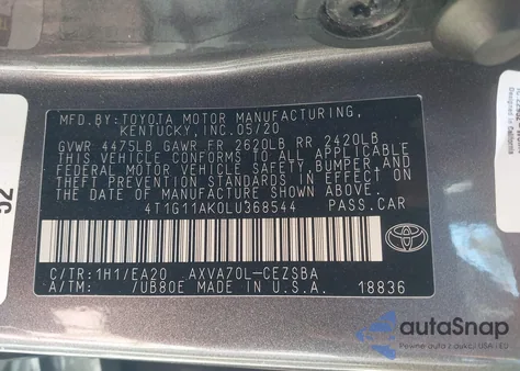 2020 Toyota Camry Se из США, поврежденный, VIN 4T1G11AK0LU368544